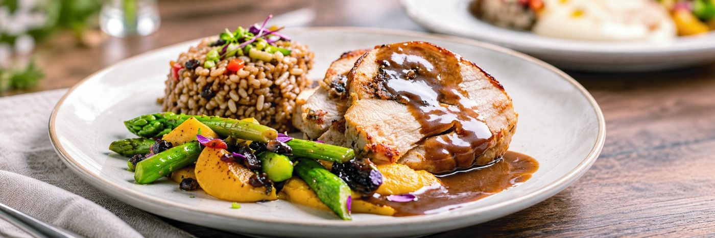Plato fuerte con lomo en salsa, arroz integral y vegetales salteados